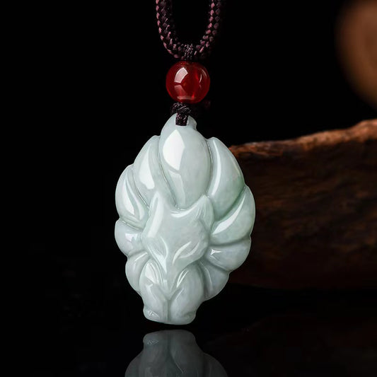 Real Jade Nine Tailed Fox Pendant, Authentic Carving Kitsune White Jadeite Necklace