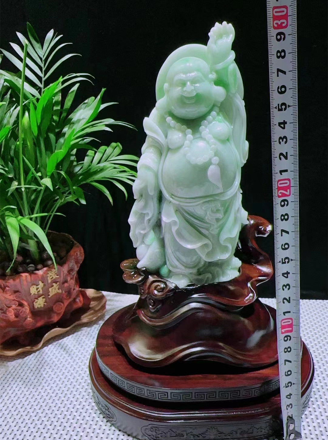 Buddha statuette Maitreya Milefo natural grade A jadeite from Burma, with certificate