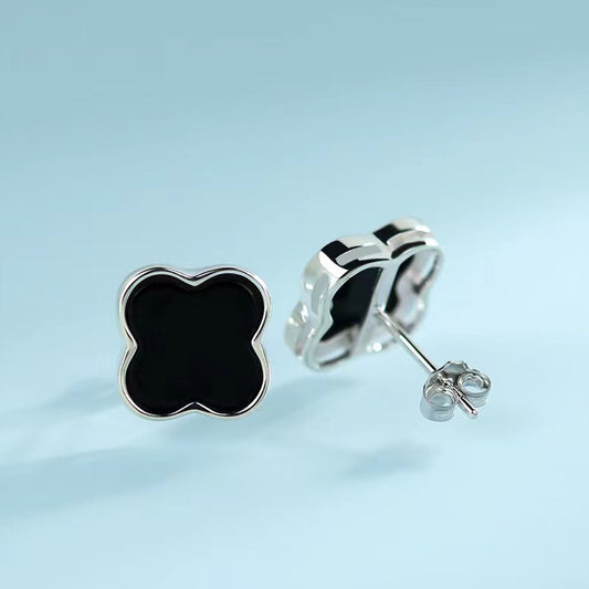 Black Type A Grade A Natural Jadeite Jade Fei Cui 925 Silver And Zirconia Clover Earrings