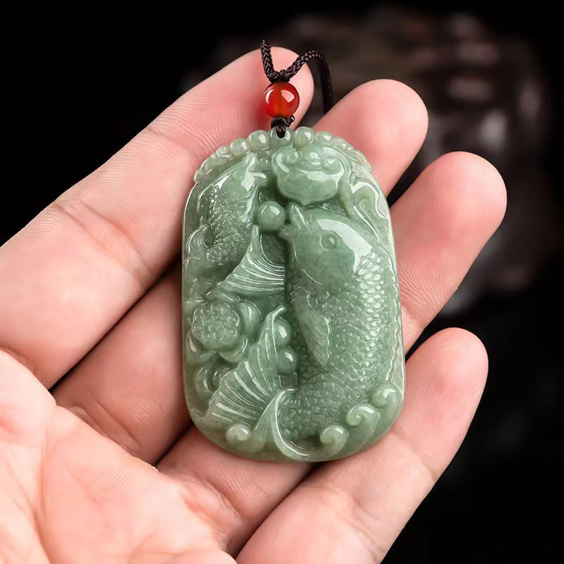 Real Green Jade Fish Necklace Chinese Koi Carp Pendant