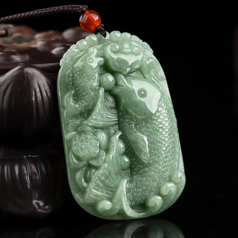 Real Green Jade Fish Necklace Chinese Koi Carp Pendant