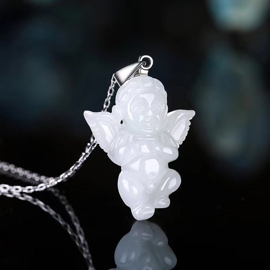 Real Jade Angel Necklace Cute Cupid Pendant 925 Sterling Chain