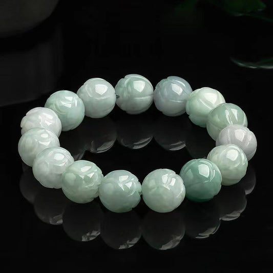 Wholesale Natural Burmese Jadeite Grade A Jade Carved Lotus Beads Bracelet