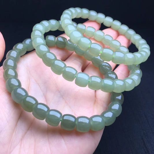 8mm Nephrite Natural Hetian Green (Qingshui) Barrel Jade Beads Bracelet