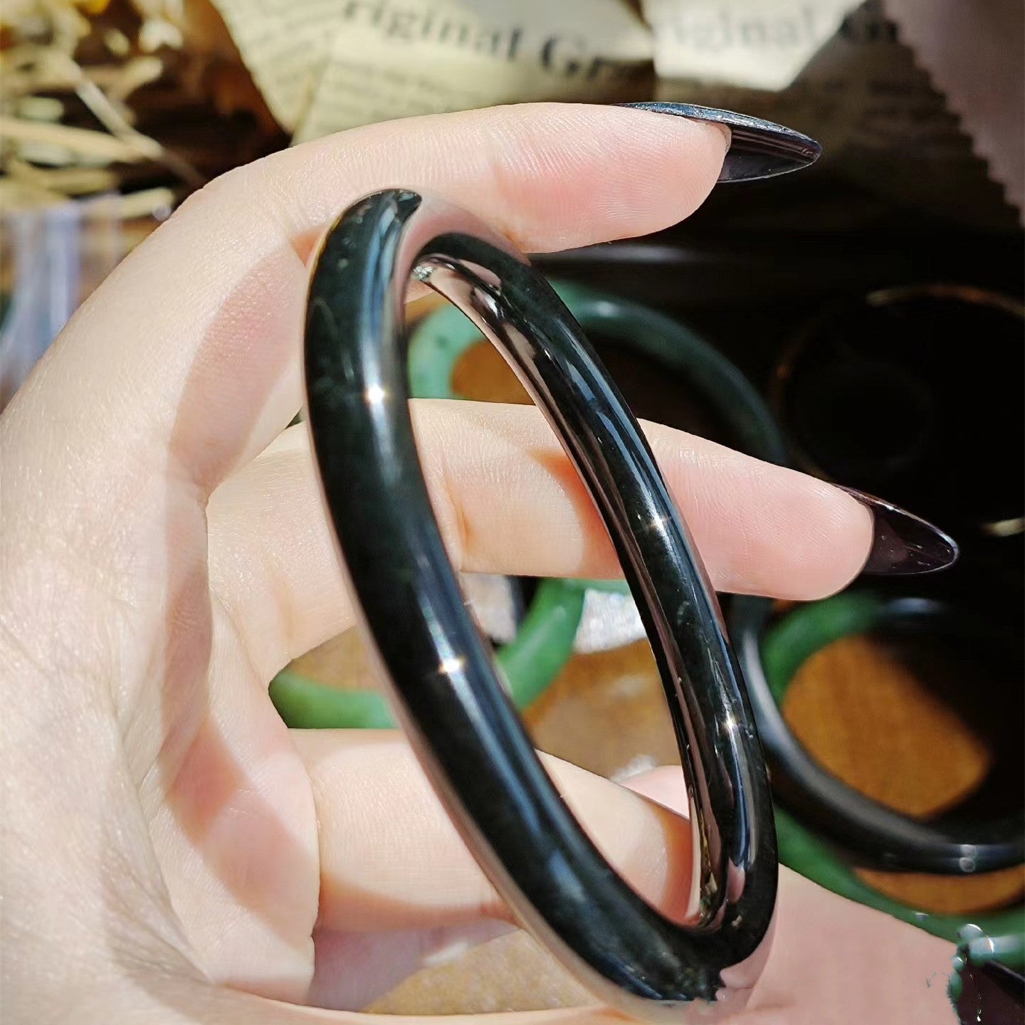 Wholesale 55-65mm certified dark green black chubby round nephrite Hetian jade bangles