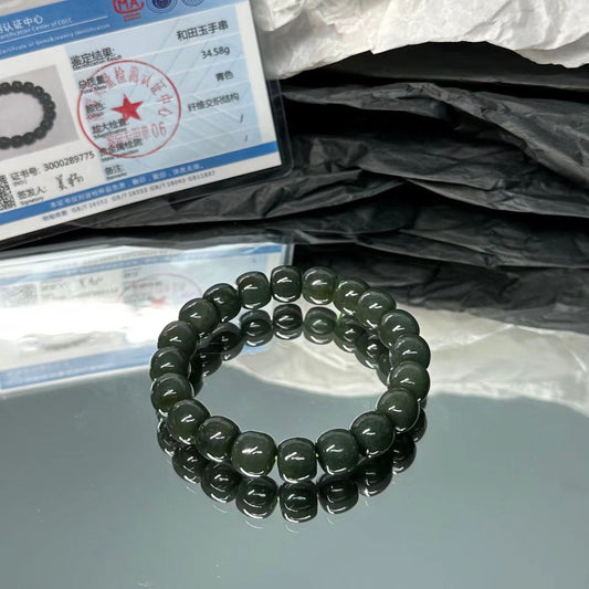 Certified Hetian Jade Dark Green Tube Cylinder Stretch Beaded Bracelets