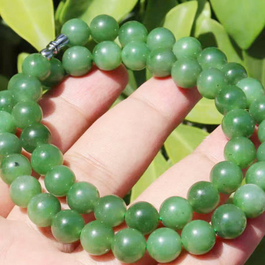 10mm Beads Natural Icy Siberian Chatoyant Cat-Eye Green Hetian Jade Nephrite Necklace