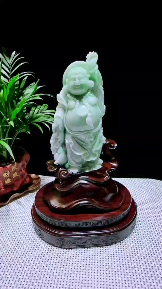 Buddha statuette Maitreya Milefo natural grade A jadeite from Burma, with certificate